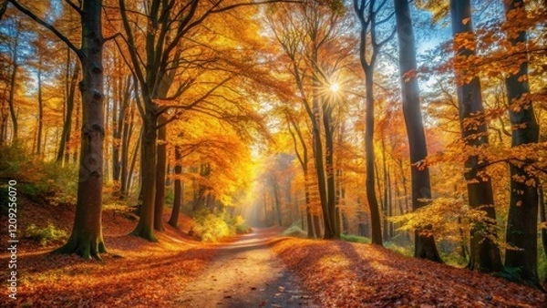 Fototapeta Autumnal Path Sunbeams Illuminate Golden Canopy in a Forest of Tall Trees