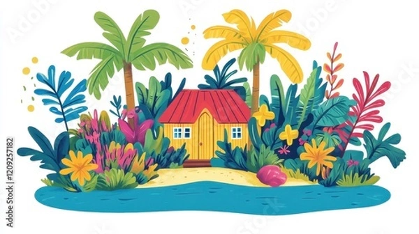 Fototapeta Tropical Island Paradise: A Vibrant Illustration of a Cozy Beach House Nestled Amongst Lush Palm Trees and Exotic Flowers