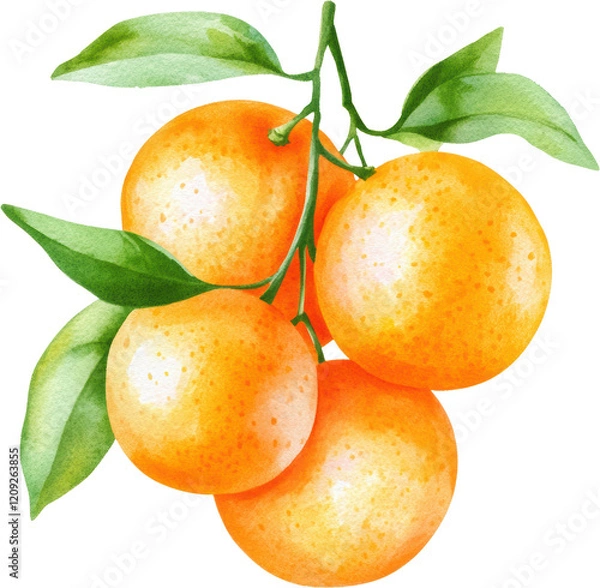 Fototapeta Juicy Watercolor Oranges on Branch Fresh Citrus Fruit Cluster Ripe Healthy Vitamin C Food Illustration
