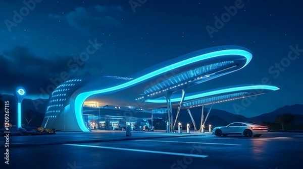 Fototapeta Abstract Dark Futuristic Cyberpunk Stage Platform with Neon Lights