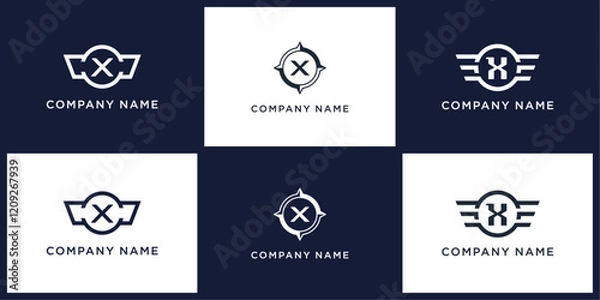 Fototapeta X letter logo set with compass, wing, and ring, editable vector bundle