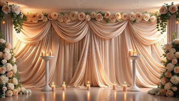Obraz Elegant Draped Fabric Backdrop with Candlelight and Floral Arrangements for Special Events and Ceremonies