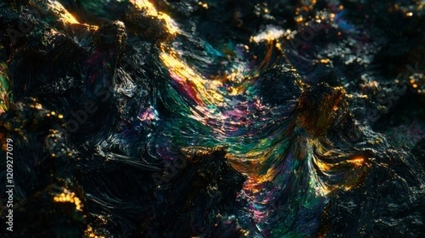 Fototapeta Abstract iridescent dark texture swirling metallic paint digital art cosmic landscape vibrant