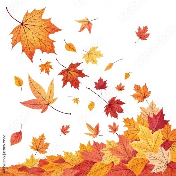 Fototapeta Autumn Leaves Composition Falling and Piled Maple Leaves, White Background, Autumn Colors, Fall Foliage Autumn, Maple Leaf