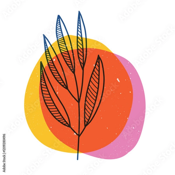 Fototapeta Tropical leaves with geometric shape. Colorful cute screen printing effect. Riso print. Vector illustration. Graphic element for fabric, textile, clothing, wrapping paper, wallpaper