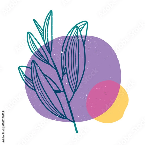 Fototapeta Tropical leaves with geometric shape. Colorful cute screen printing effect. Riso print. Vector illustration. Graphic element for fabric, textile, clothing, wrapping paper, wallpaper