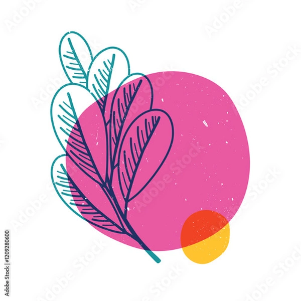 Fototapeta Tropical leaves with geometric shape. Colorful cute screen printing effect. Riso print. Vector illustration. Graphic element for fabric, textile, clothing, wrapping paper, wallpaper