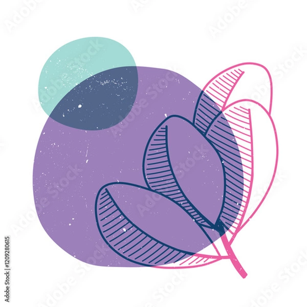 Fototapeta Tropical leaves with geometric shape. Colorful cute screen printing effect. Riso print. Vector illustration. Graphic element for fabric, textile, clothing, wrapping paper, wallpaper