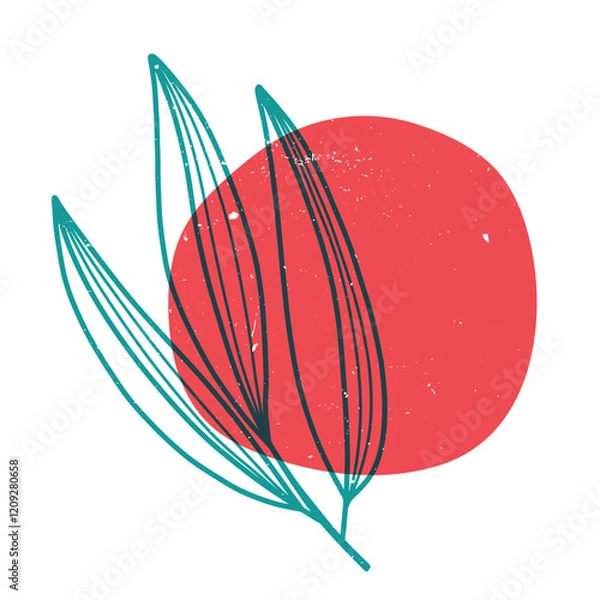 Fototapeta Tropical leaves with geometric shape. Colorful cute screen printing effect. Riso print. Vector illustration. Graphic element for fabric, textile, clothing, wrapping paper, wallpaper