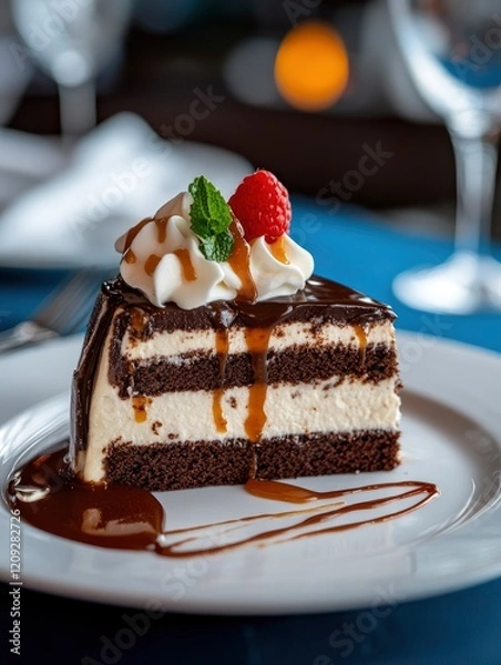Fototapeta A slice of creamy chocolate cake with vanilla cream and caramel on a white plate, against a blue tablecloth background.