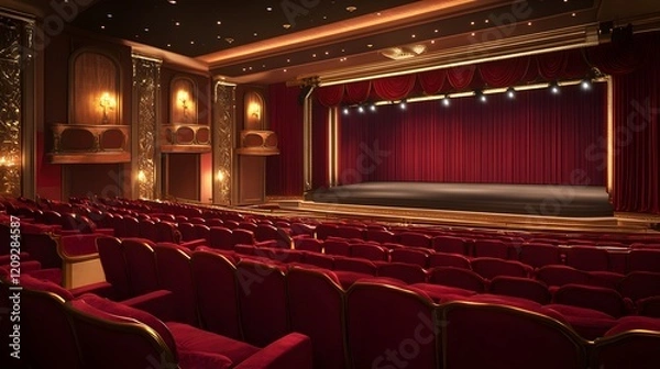 Fototapeta Elegant theater hall with plush red seating, stage curtains, and acoustically enhanced design. Ideal for performances and presentations.