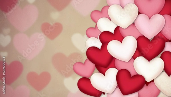 Fototapeta A colorful pattern of overlapping hearts in shades of red, pink, and white, creating a lively and romantic design.