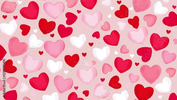 Fototapeta A colorful pattern of overlapping hearts in shades of red, pink, and white, creating a lively and romantic design.