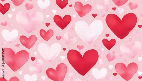 Fototapeta A colorful pattern of overlapping hearts in shades of red, pink, and white, creating a lively and romantic design.