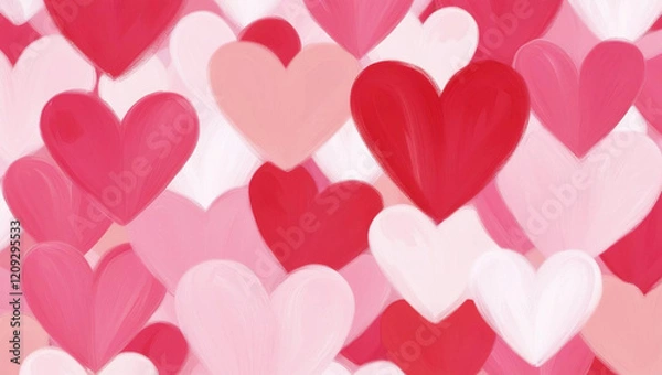 Fototapeta A colorful pattern of overlapping hearts in shades of red, pink, and white, creating a lively and romantic design.