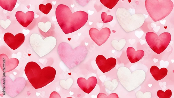 Fototapeta A colorful pattern of overlapping hearts in shades of red, pink, and white, creating a lively and romantic design.