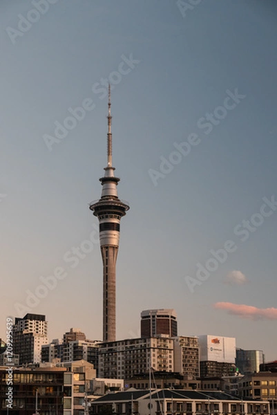 Obraz View of Sky Tower in Auckland as seen from the city during sunset at dusk (Auckland, North Island, New Zealand)