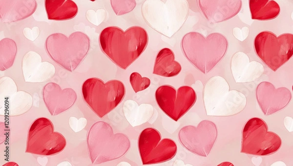 Fototapeta A colorful pattern of overlapping hearts in shades of red, pink, and white, creating a lively and romantic design.