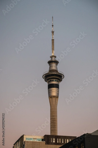 Obraz View of Sky Tower in Auckland as seen from the city during sunset at dusk (Auckland, North Island, New Zealand)