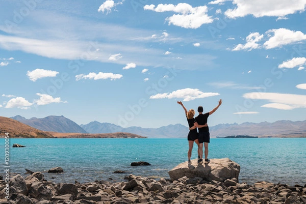 Obraz Two hikers enjoying the view of Lake Tekapo on a summer day with blue sky and some white clouds (Tekapo, South Island, New Zealand)