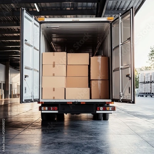 Fototapeta Efficient box loading onto an open truck for delivery.