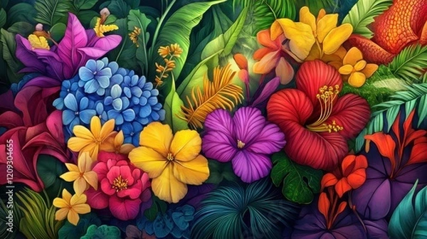 Fototapeta Vibrant Tropical Paradise: A Kaleidoscope of Lush Blooms and Exotic Foliage