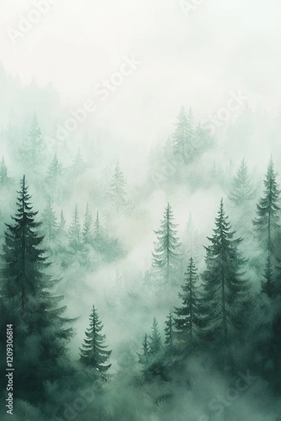 Fototapeta Dense pine trees create a peaceful atmosphere, shrouded in mist. The soft watercolor style utilizes muted greens and grays, inviting moments of reflection and calm
