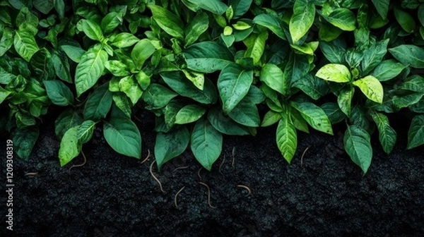 Fototapeta A row of vibrant green plants thrives in rich, dark soil, with earthworms visible, showcasing a healthy and balanced soil ecosystem.