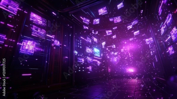Fototapeta A vibrant, futuristic digital landscape with glowing purple lights and screens, creating an immersive atmosphere.