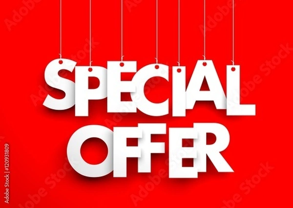 Fototapeta Special offer - text hanging on the strings. 3d illustration