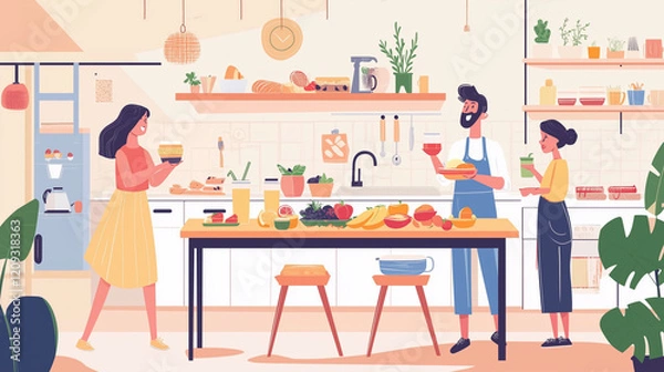 Fototapeta A joyful family enjoying a healthy breakfast in a bright kitchen, with fresh fruits, smoothies, and a cozy, inviting atmosphere, creating a perfect start to the day.