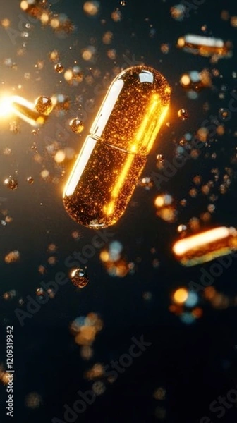 Fototapeta Realistic golden glowing pill floating in the air with light rays shining on it, represents wellness tablets, mental wellness supplements, and vitamin treatment