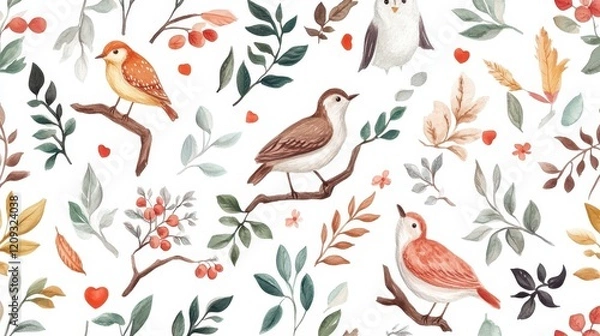 Fototapeta Charming Watercolor Birds and Autumnal Foliage Seamless Pattern Design