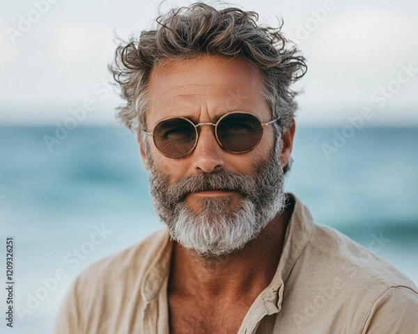 Fototapeta charismatic middle-aged man with a salt-and-pepper beard and stylish round sunglasses poses against a serene ocean backdrop.