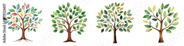 Fototapeta Watercolor family tree designs with colorful leaves and branches, isolated on transparent background.