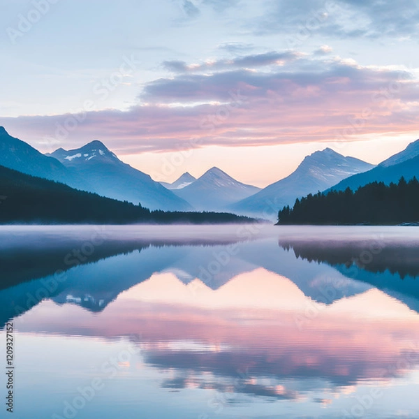 Fototapeta Serene Mountain Lake Reflection: Pastel sunrise paints the sky and mountain peaks, mirrored perfectly in a still, mist-shrouded lake, creating a breathtaking scene of tranquility.