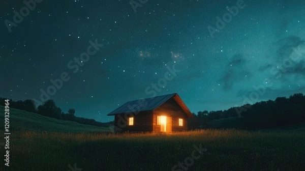 Fototapeta A peaceful rural stable glowing with warm light, under a canopy of stars and surrounded by quiet, open land.