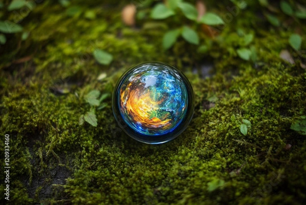 Fototapeta Glowing glass planet in the center on a cushion of moss and lichen, eco concept