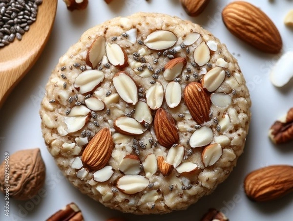 Fototapeta Nut and seed energy snack with almonds, chia seeds, and various nuts on a white plate, perfect for a healthy on-the-go treat at any time of day