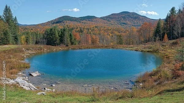 Fototapeta A serene lake surrounded by autumn foliage and mountains under a clear blue sky.