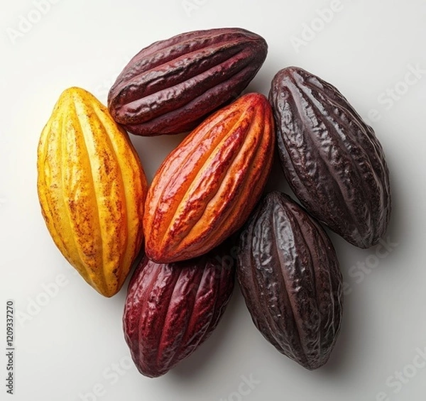 Obraz Minimalist Cacao Pods and Cocoa Beans Composition on White Background Flat Lay