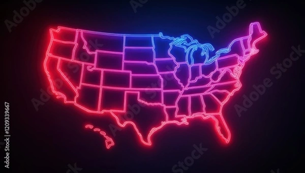 Fototapeta Neon outline of the United States map, glowing with red and blue lights on a dark background.
