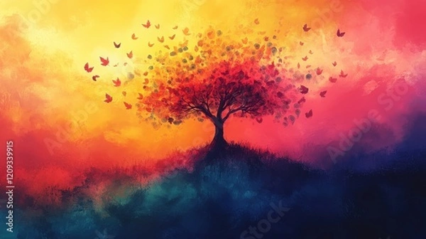 Fototapeta A Majestic Tree with Colorful Leaves Surrounded by Vibrant Butterflies Against a Beautiful Sunset Sky in a Dreamy Landscape