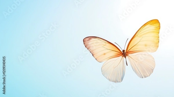 Obraz A delicate butterfly with orange and white wings flutters against a soft blue background, symbolizing beauty and transformation.