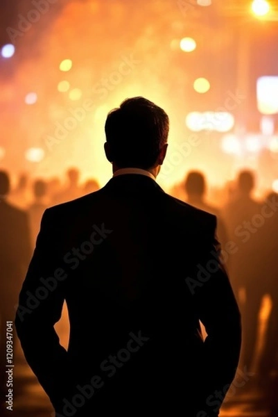 Fototapeta Bodyguard ensuring client safety while observing bustling crowd during evening event
