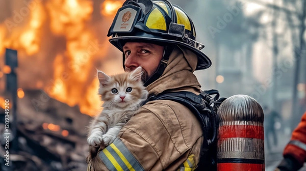 Fototapeta Photo of a firefighter holding a cute rescued kitten. In the background is a fire with smoldering debris and smoke