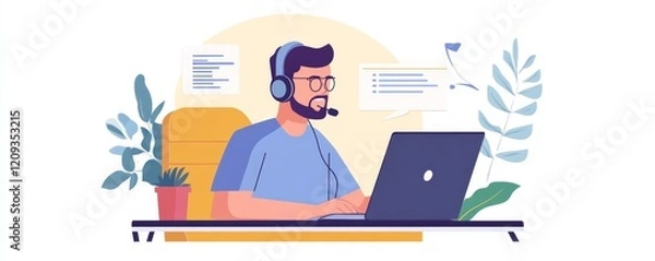 Fototapeta Crm, mockup or man in a telemarketing call center helping, talking or networking online via microphone. Contact support, consultant or insurance agent in communication at customer services or sales, G