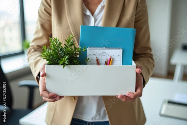 Obraz Person holding a box with office items.