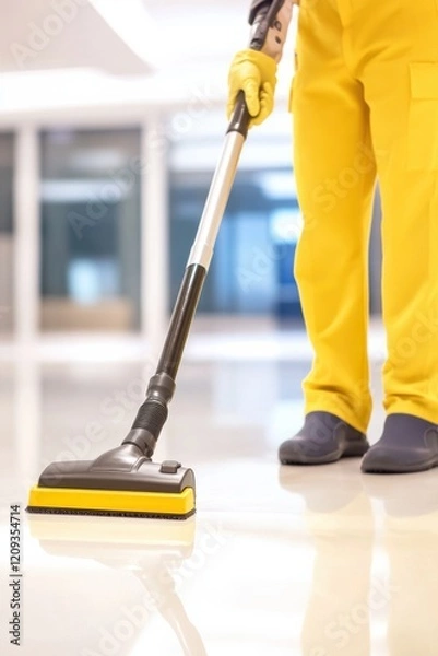 Fototapeta Efficient cleaning practices highlighted by a professional cleaner using a vacuum in a modern commercial space