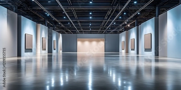 Fototapeta Modern exhibition hall with modular lighting, polished concrete floors, and neutral walls. Ideal for trade shows and expos.